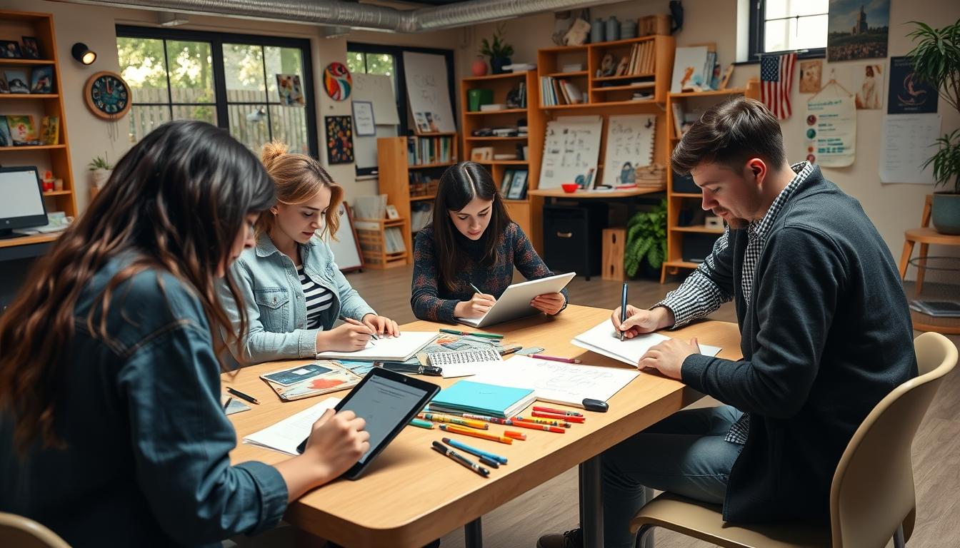 Students studying together in modern classroom